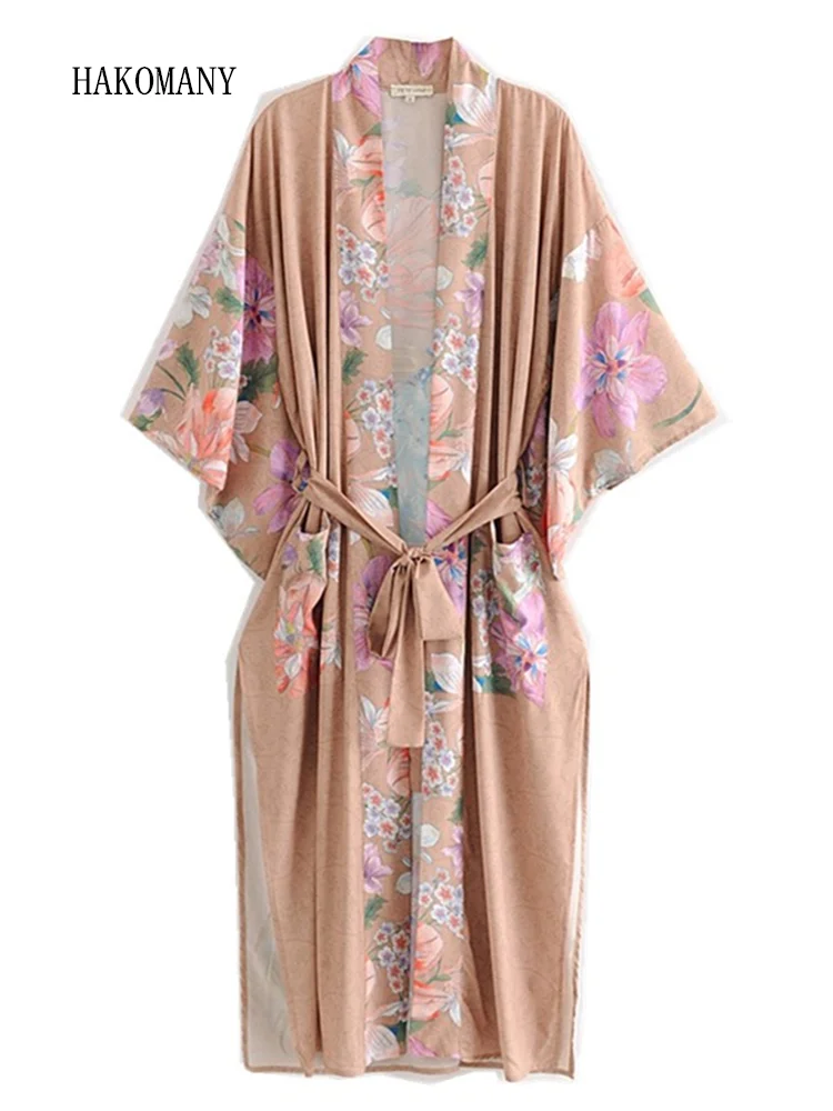 

Bohemian V neck Peacock Flower Print Long Kimono Shirt Khaki Holiday New Lacing up Sashes Long Cardigan Loose Blouse Tops