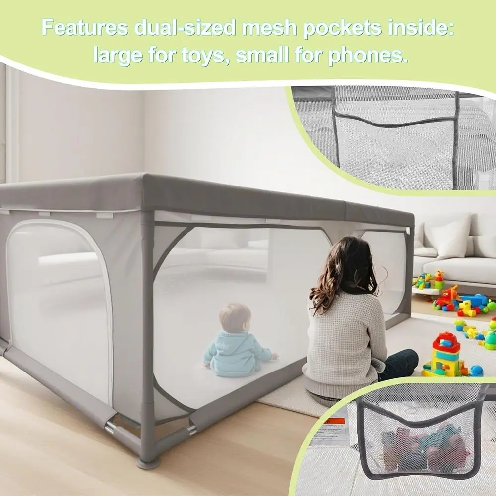 Extra Large 79 Playpen for Kids, Safety Fence with Dual Zippered Doors, Mesh Pockets, Transparent Sides