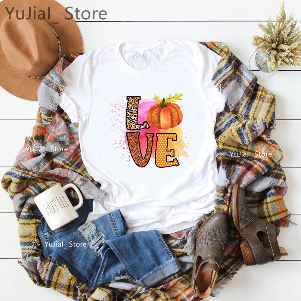 Watercolor Leopard Love Pumpkin Print Tshirt Girls Autumn/Fall Tshirt Women Summer Fashion Short Sleeve T-Shirt Female