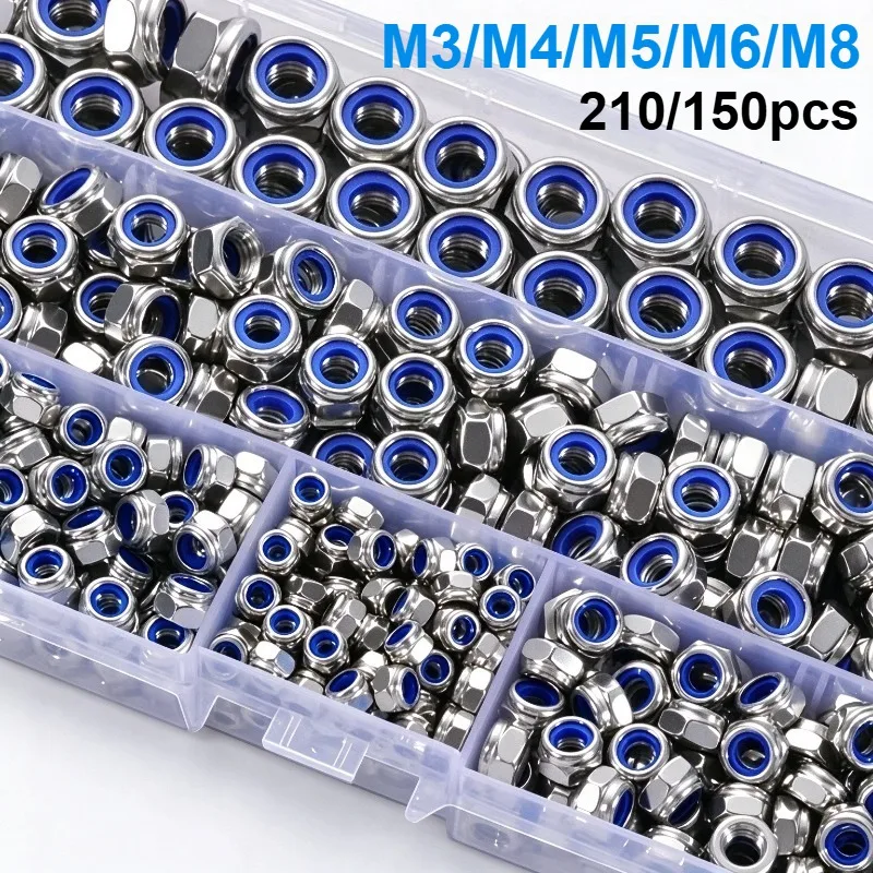 150/210pcs Stainless Steel Hex Lock Nuts, Anti-Slip Self-Locking M3-M8 M4-M6 Assortment for Industrial/Construction/Automotive