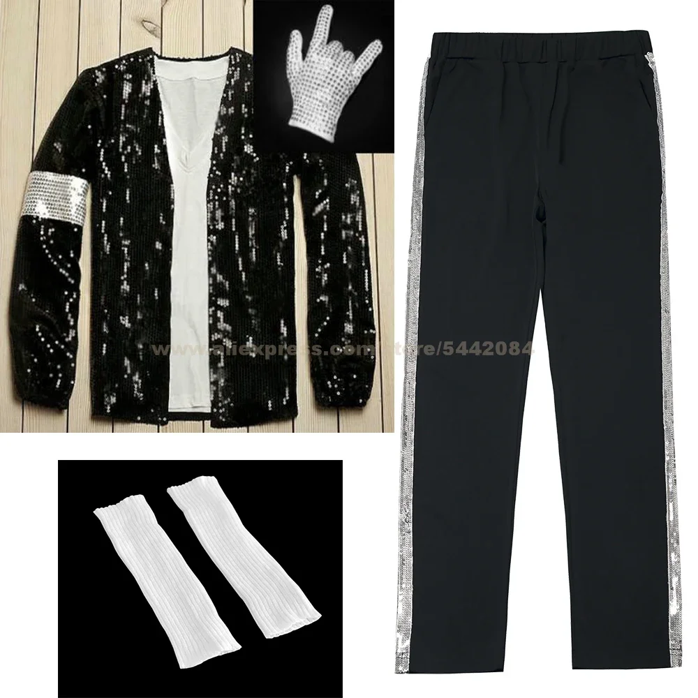 

MJ Michael Jackson Billie Jean Suit Outfit Armband Jacket Pants Socks Glove Show Black Color Costume Party Cosplay Prop
