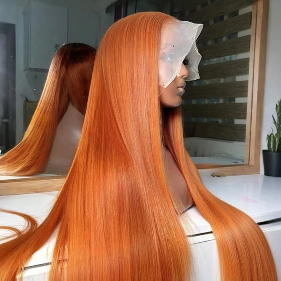 

34 Inch Ginger Orange 13x6 Lace Front Wig Human Hair Straight Ginger HD Transparent Lace Frontal Wig #350 Colored Pre Plucked With Baby Hair 250 Density