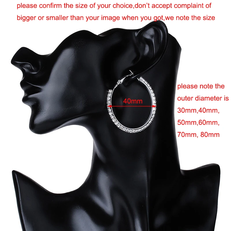 30-80mm Große Creolen Für Frauen Mädchen Kreis Kristall Strass Ohrringe Schwarz Gold Silber Farbe Runde Ohrringe party Geschenk – Detail 16