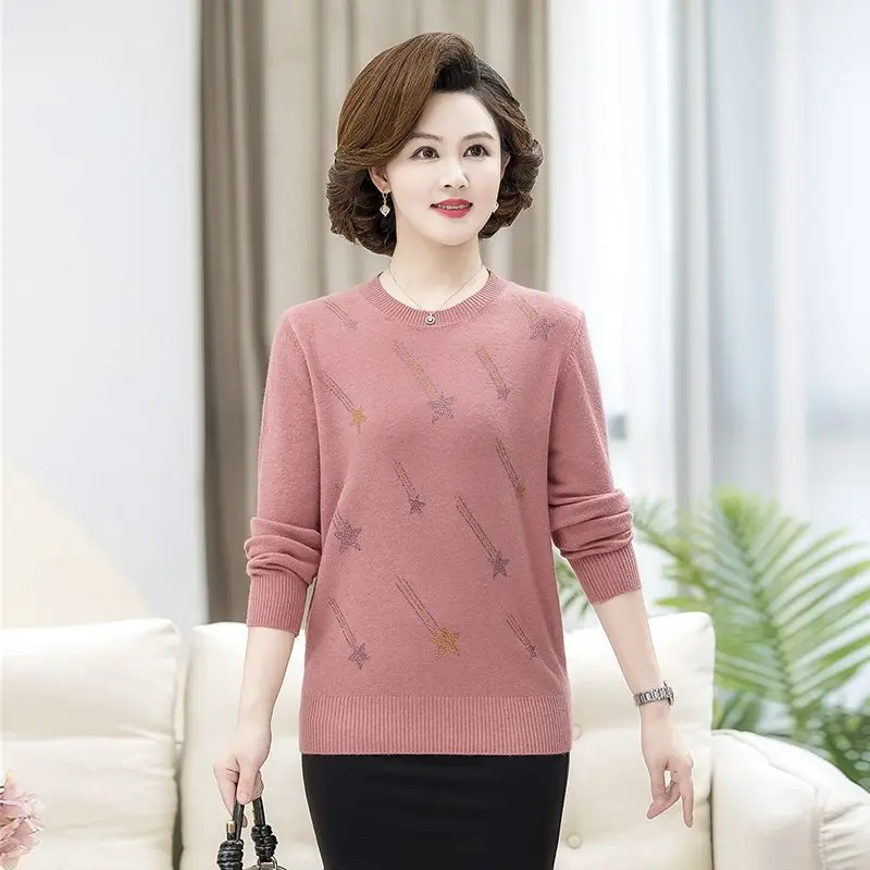 

Вязаный свитер для мам среднего возраста на флисовой подкладке, теплая зимняя одежда для пожилых женщин, удобный крой Crew M169