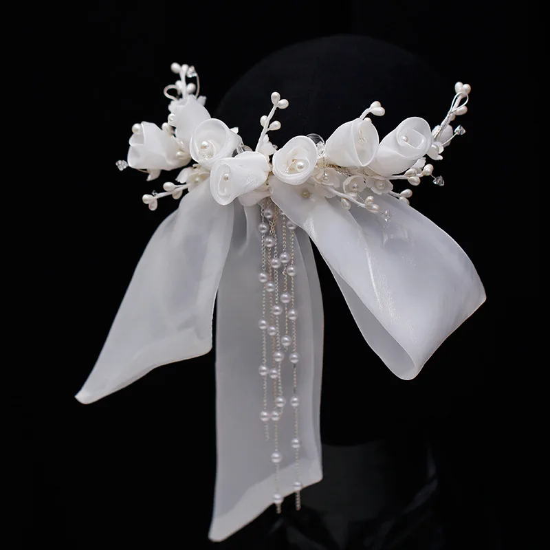 

2025 New Arrival Wedding Head Accessories White Bow with Pearls Flowers Headband tocado novia boda tiara novia