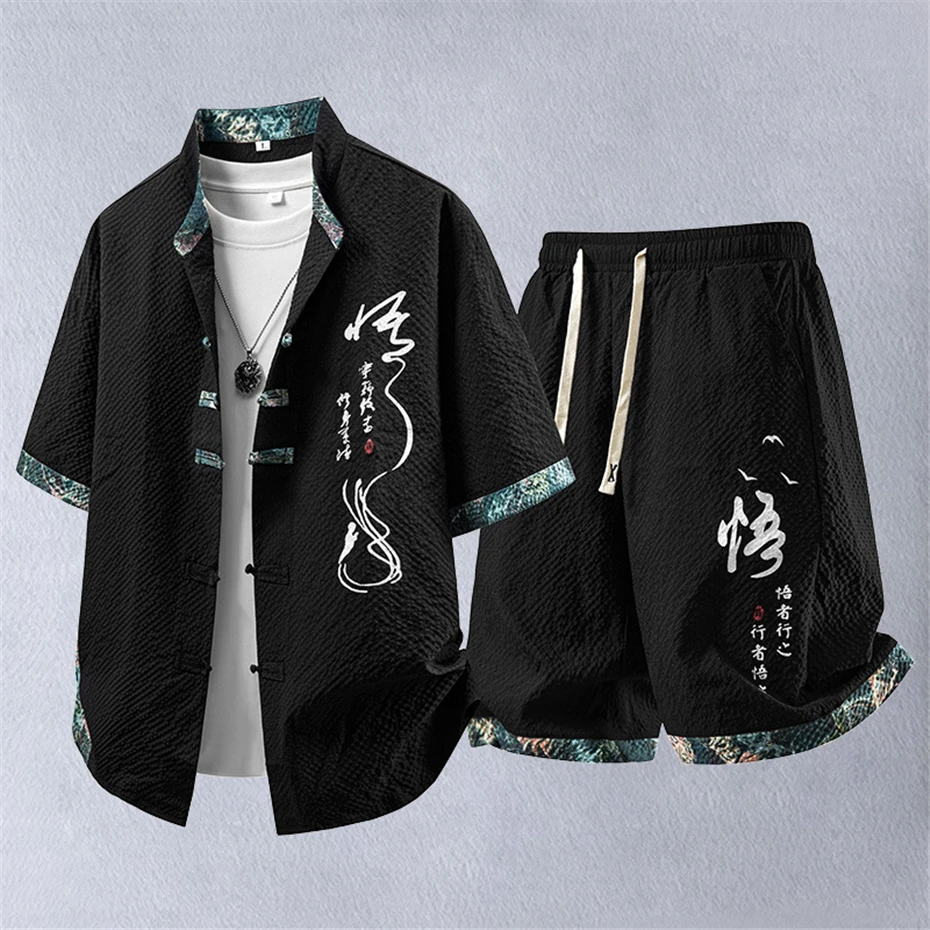Summer Tracksuits Men Traditional Chinese Style Suit Shirt Shorts Tang Suit Male Fashion Casual Summer Sets