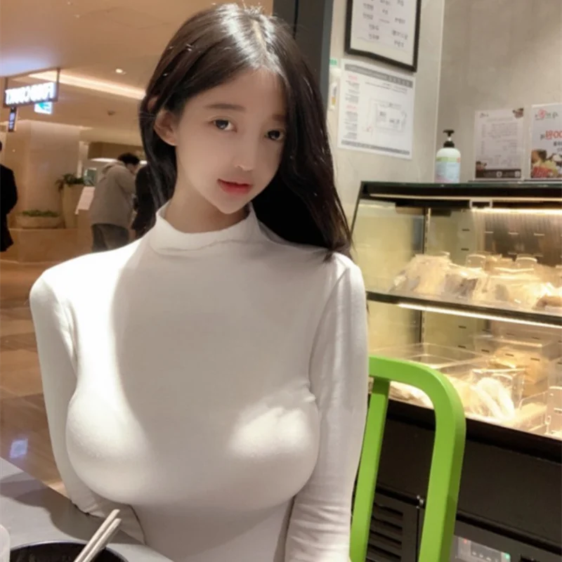 Faionable Bequemes langes Sve-T-Shirt für Damen, Dongda Gate Sle, schlankmachend, hoher Kragen, Basis, irt, koreanisches Pendler-Sle-Co...