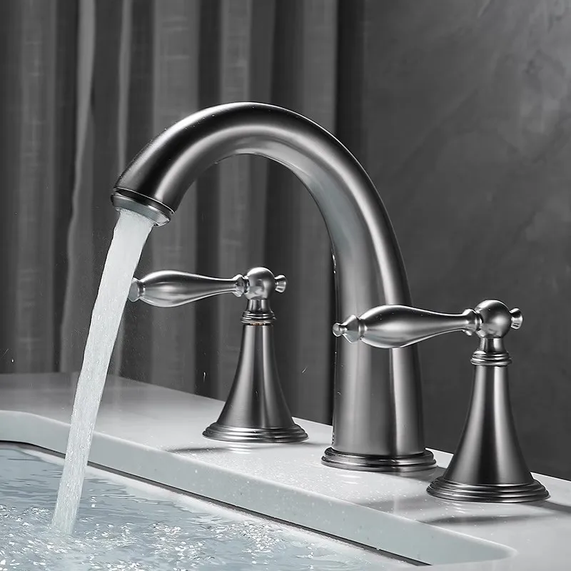 

Смеситель для раковины из латуни, серый, с широким расстоянием между отверстиями, винтажный, для ванной комнаты, на 3 отверстия, для горячей и холодной воды