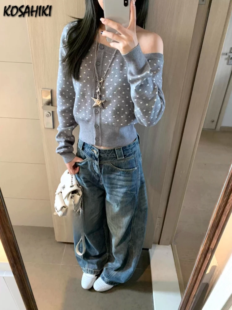 

Y2k Aesthetic Skew Collar Polka Dot Cardigan Single Breasted Vintage Cropped Grunge Tops 2025 Autumn Harajuku Slim Fit Sweater