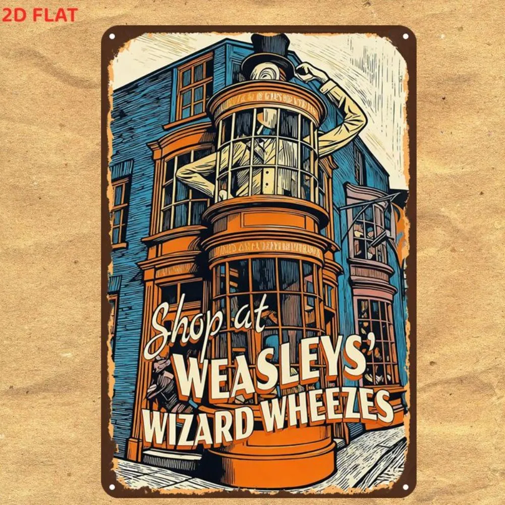 1pc 2D Flat Retro Weasleys Wizard Wheezes Metal Sign Pre Drilled Holes Indoor Outdoor Home Toilet Office Wall Decor