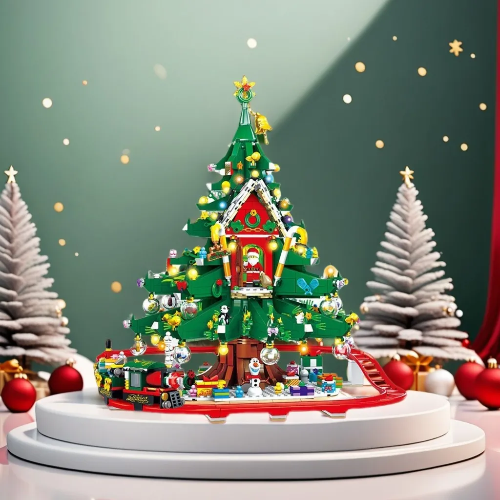 OUZEY MOC بيت شجرة عيد الميلاد مع مسار قطار السكك الحديدية اللبنات سانتا كلوز كوخ الشتاء الثلوج المقصورة لتقوم بها بنفسك لعبة للأطفال #4