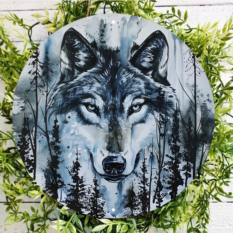 Aluminum Metal Sign with Acrylic Wolf Painting, Weather Resistant Door Hanger, Wall Decor for Indoor and Outdoor Use, 8x8 in