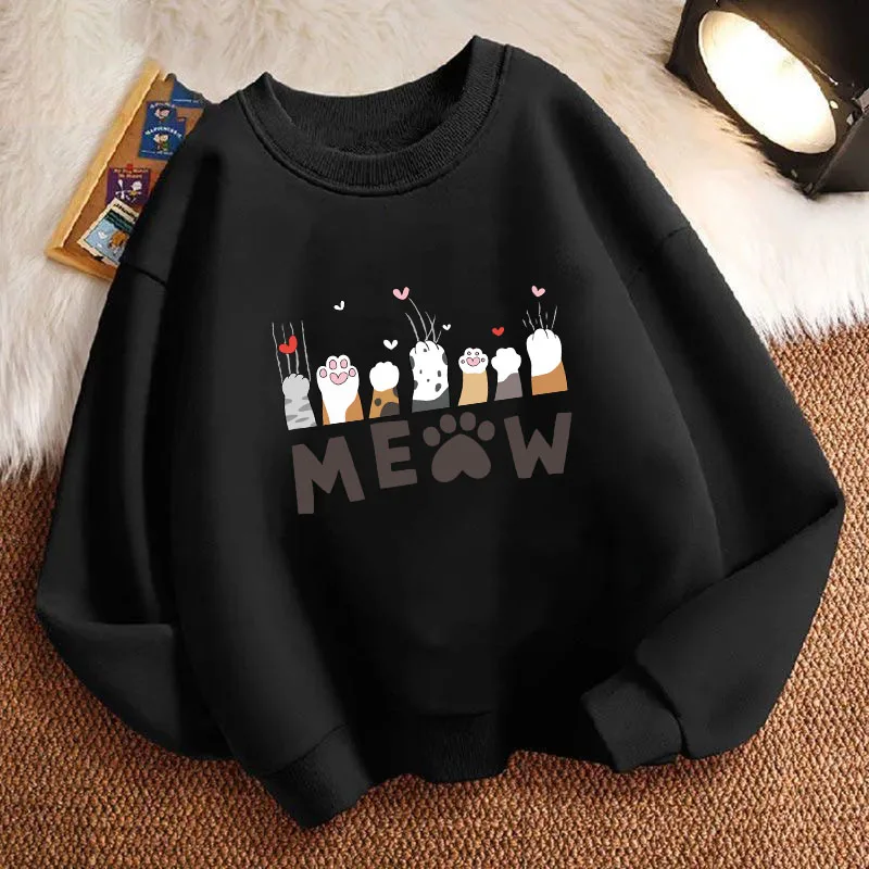 Funny Meow Cat Paw Children's Sweatshirt Pullover Kawaii Cat Lover Crew Neck Graphic Print Hoodie Boy/Girl Kids Hoody