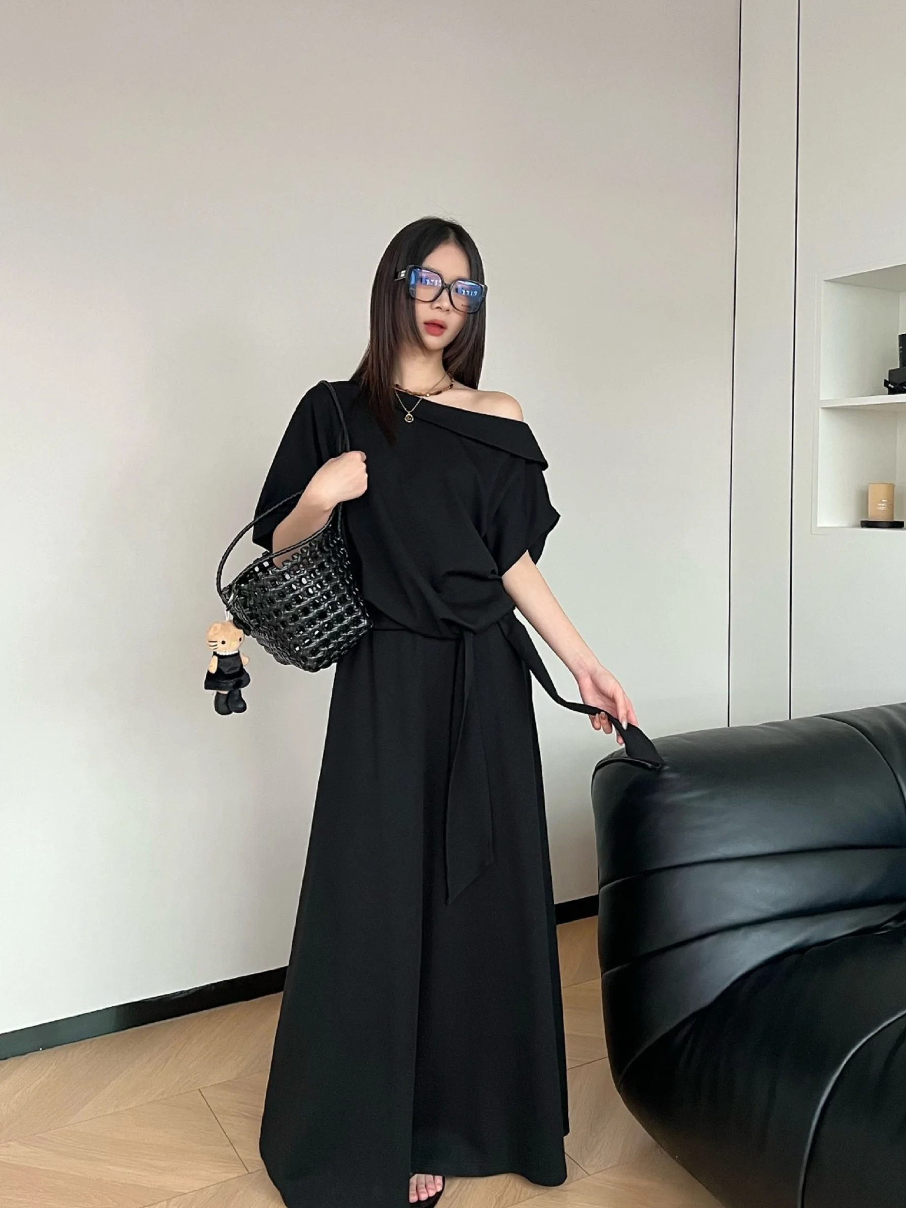 

Summer Women's Fashion Set Loose Cut A-Line Dress And Elastic Waist Top Two-Piece Suit Breathable Short Sleeve Outfit