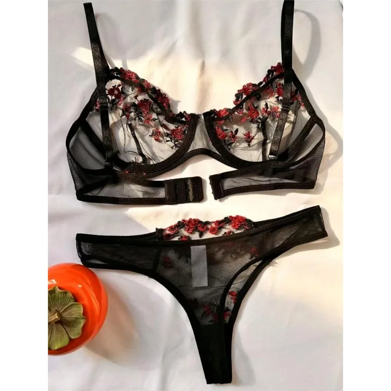 Tornova Mesh Stickerei Blume Durchsichtige Sexy Interessante Unterwäsche Panty Plunge Exposed Nabel Schlank Sexy Spitze Unterwäsche Set