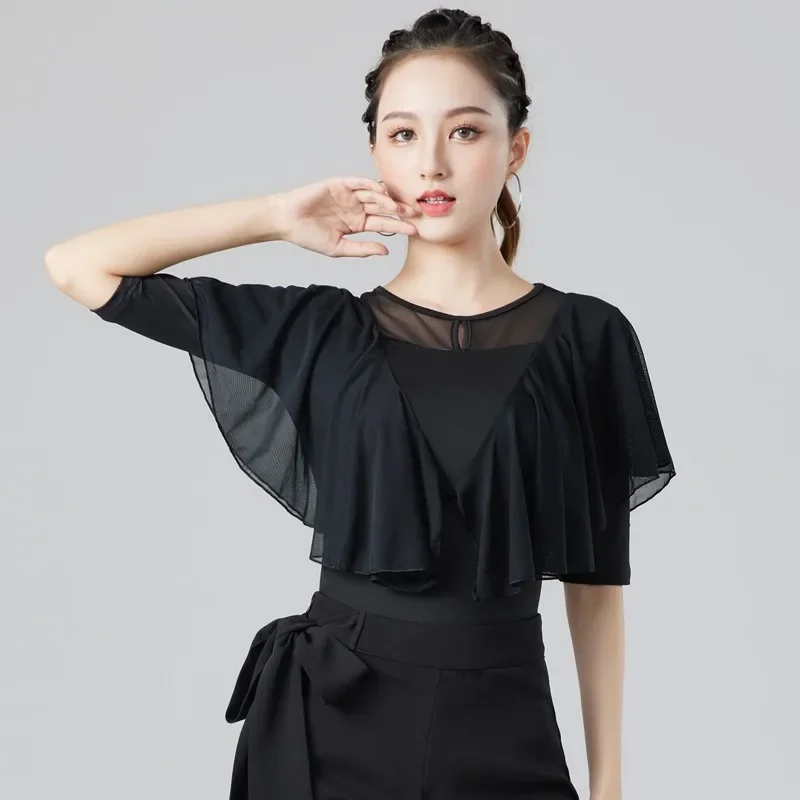 Costume de danse latine pour femmes adultes, noir, manches moyennes, maille, robe d'entraînement moderne, haut de danse de Samba sociale, nouvelle collection été 2025