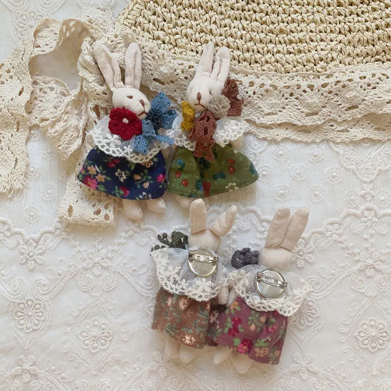 Johnature New Sweet Little Fresh Mori Girl Fabric Cartoon Floral Dress Bunny Brooch Vintage Patchwork Lace Women Accessory