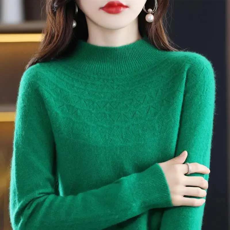 2023 Winter Fashion Women\'s Sweater Woold Mock Neck Cashmere Knitted Long Sleeve Female Tops Keep Warm Elegant Clothing