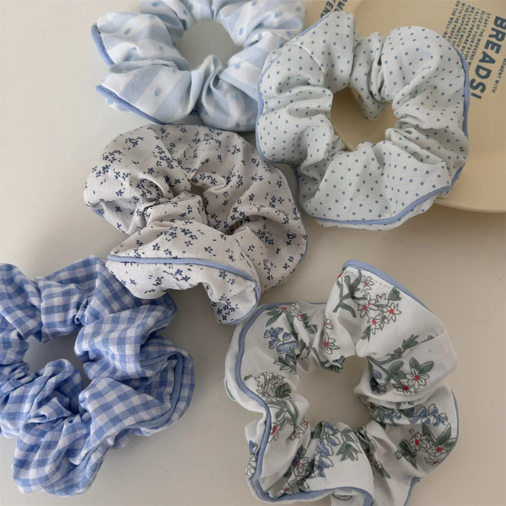 Fresh Plaid Grid Scrunchies White Blue Color Hair Tie Ponytail Holder Elastic Hair Band Rubber Bands Women Hair Accessories