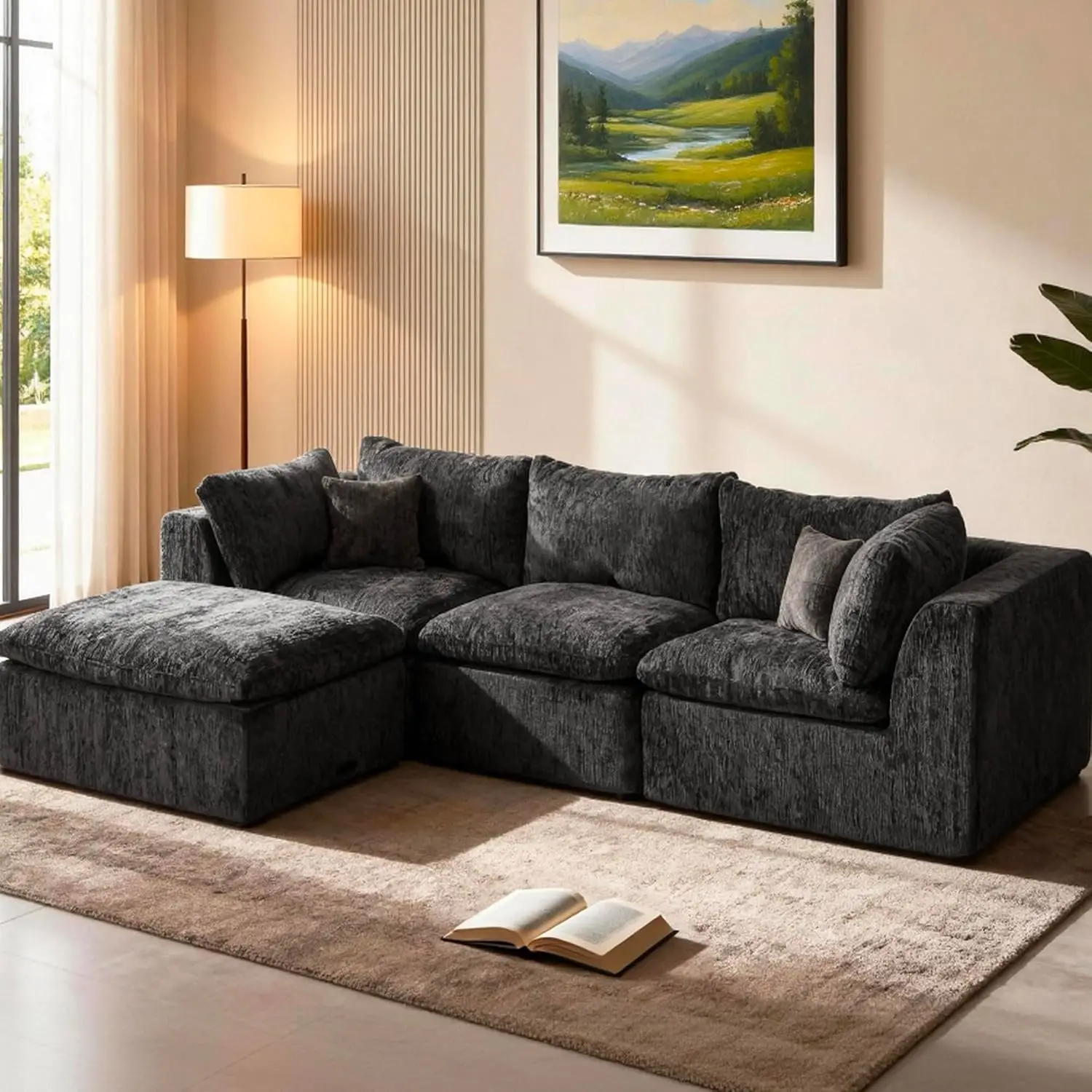 Modern Black Modular L Shape Sectional Sofa with Ottoman, Comfy Oversized Corner Couch, 3 Seater, Customized