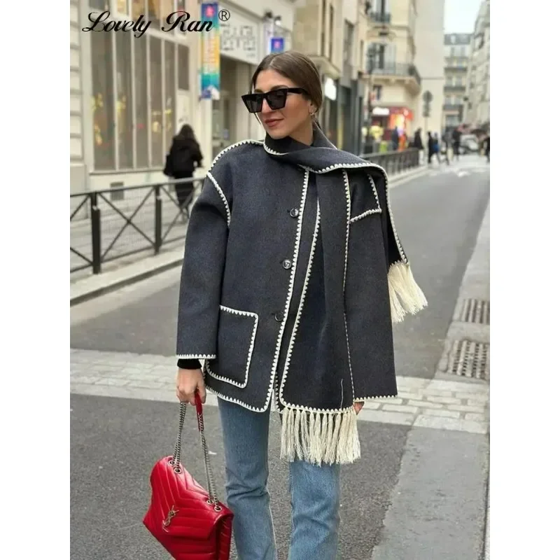 Autumn Winter Women\'s Coat With Scarf Loose Long Sleeve Single Breasted Coats Female 2023 Fashion Match All Warm Lady Jacket