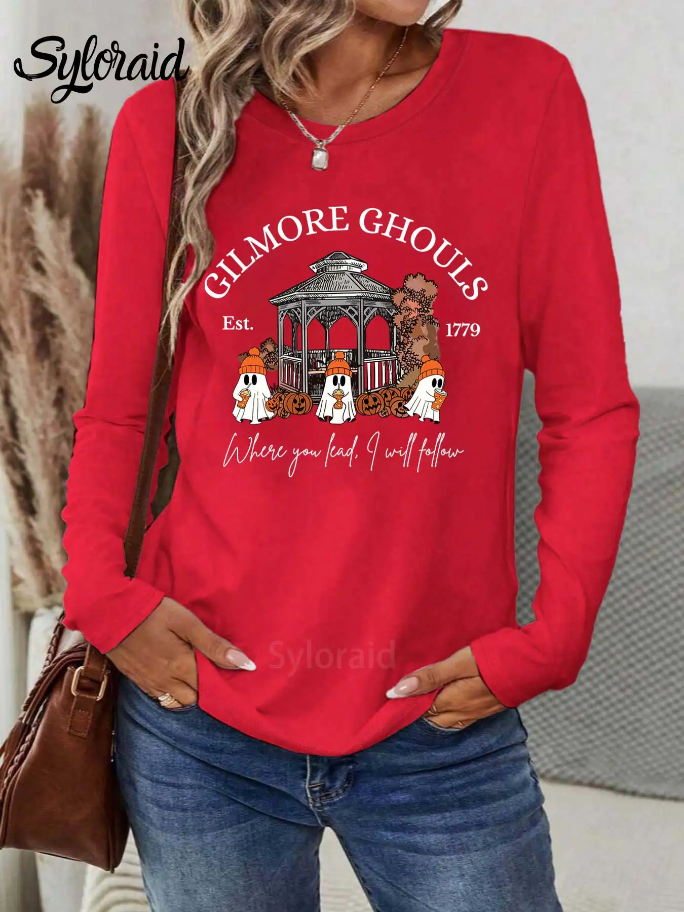 المرأة طويلة الأكمام تي شيرت نجوم الجوف الخريف يترك تي شيرت شبح هالوين شبح قميص أزياء جولة الرقبة عارضة أعلى #3