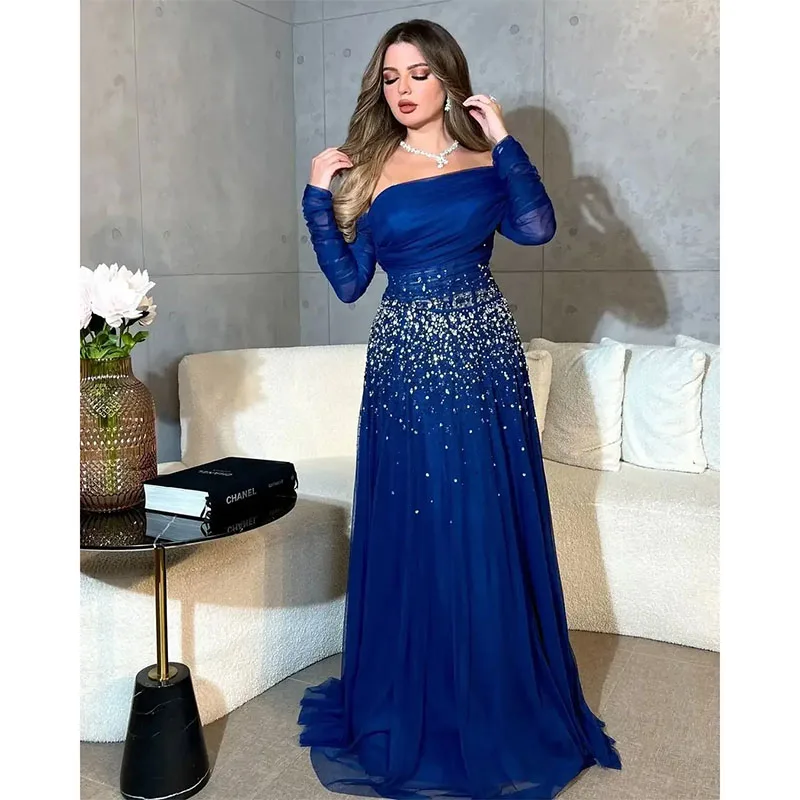 

Elegant Boat Neck Evening Dresses Long Sleeves Pleated Sequins Beaded Prom Dresses Floor Length Saudi Arabia Women Party Dresses