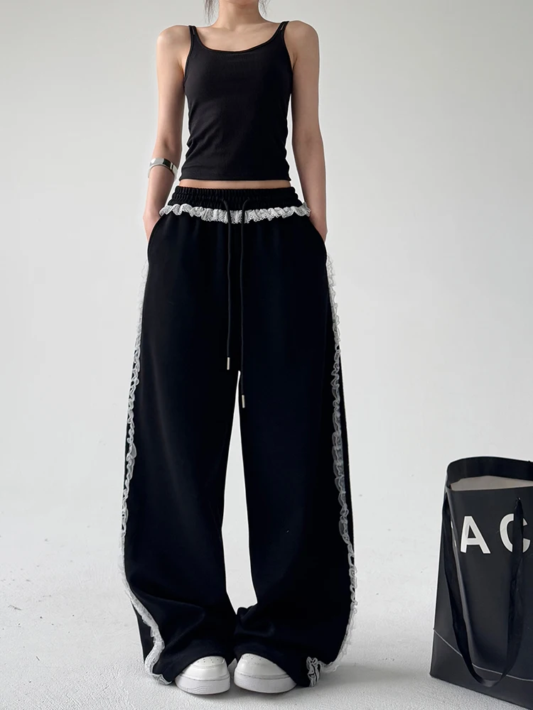 Retro Lace Splice Straight Leg Casual Sports Pants Women's High Waist Cotton Polyester Blend Comfortable Slimming Trousers