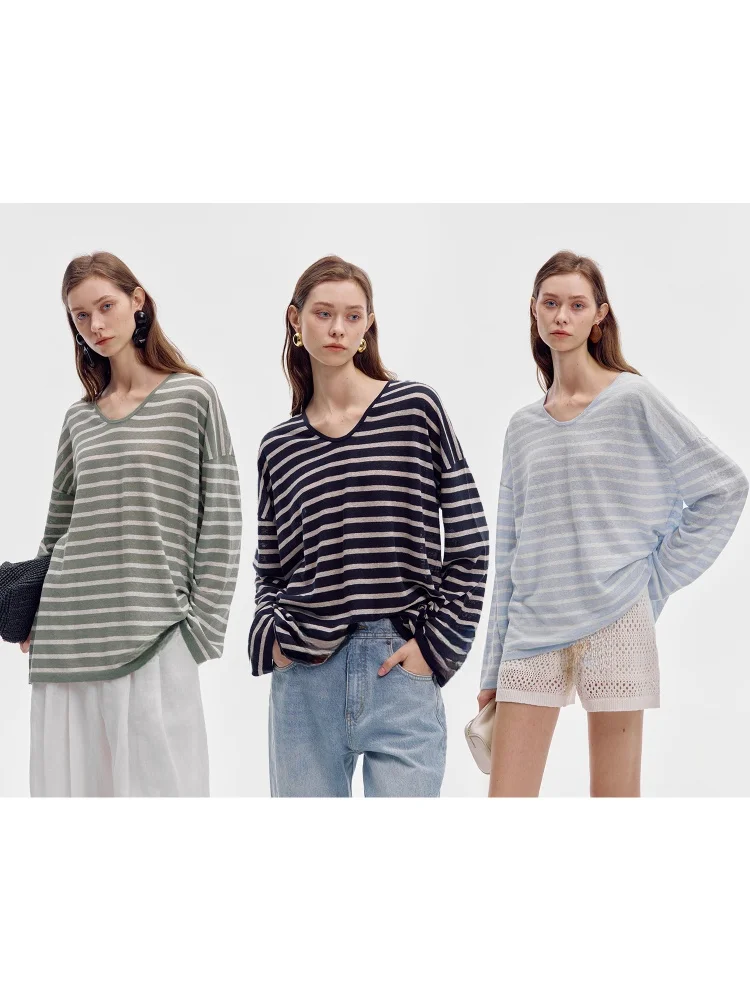 

DMON Recommended Lightweight Linen Knitted Striped Loose T-irt Long ort Sve Women's Summer Casual round Ne Top