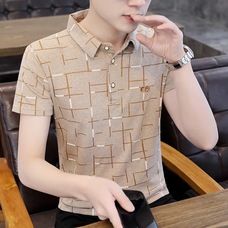 2024 Minimalist New Summer Trend Ice Silk Men\'s Printed Button Short Sleeved Lapel Casual Versatile Loose T-shirt POLO Tops