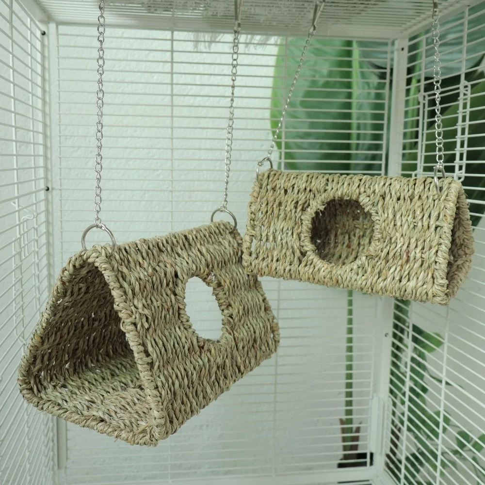 

Natural Grass Woven Triangle Bird Nest Hanging Cave Hut for Parrot Budgie Parakeet Hamster Guinea Pig Small Animal Cage Bed