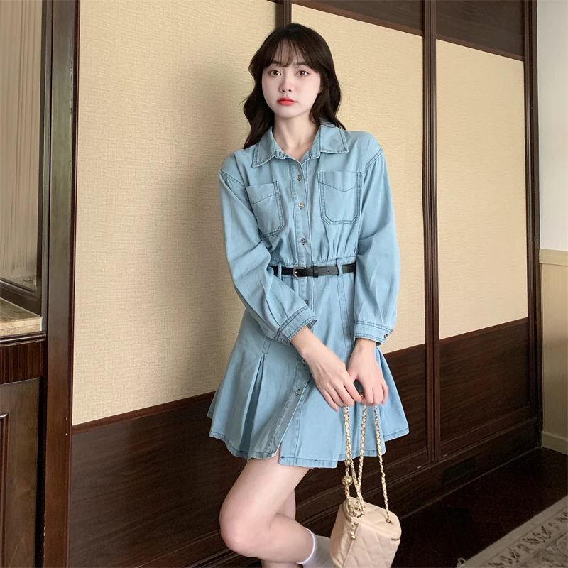 Yanling 2023 Fall Women's Clothing New Denim Shirt Women Dress Pleated Skirt Hot Girl Blue Short Skirt M-4XL 100.00kg