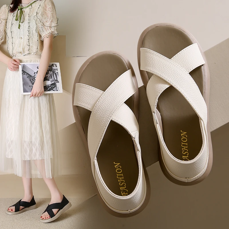 2024 Summer New Fashion Simple Open Toe Sandals Round Toe Thick Sole Romen Beach Sport Sandals Female Casual Flat Sandalias