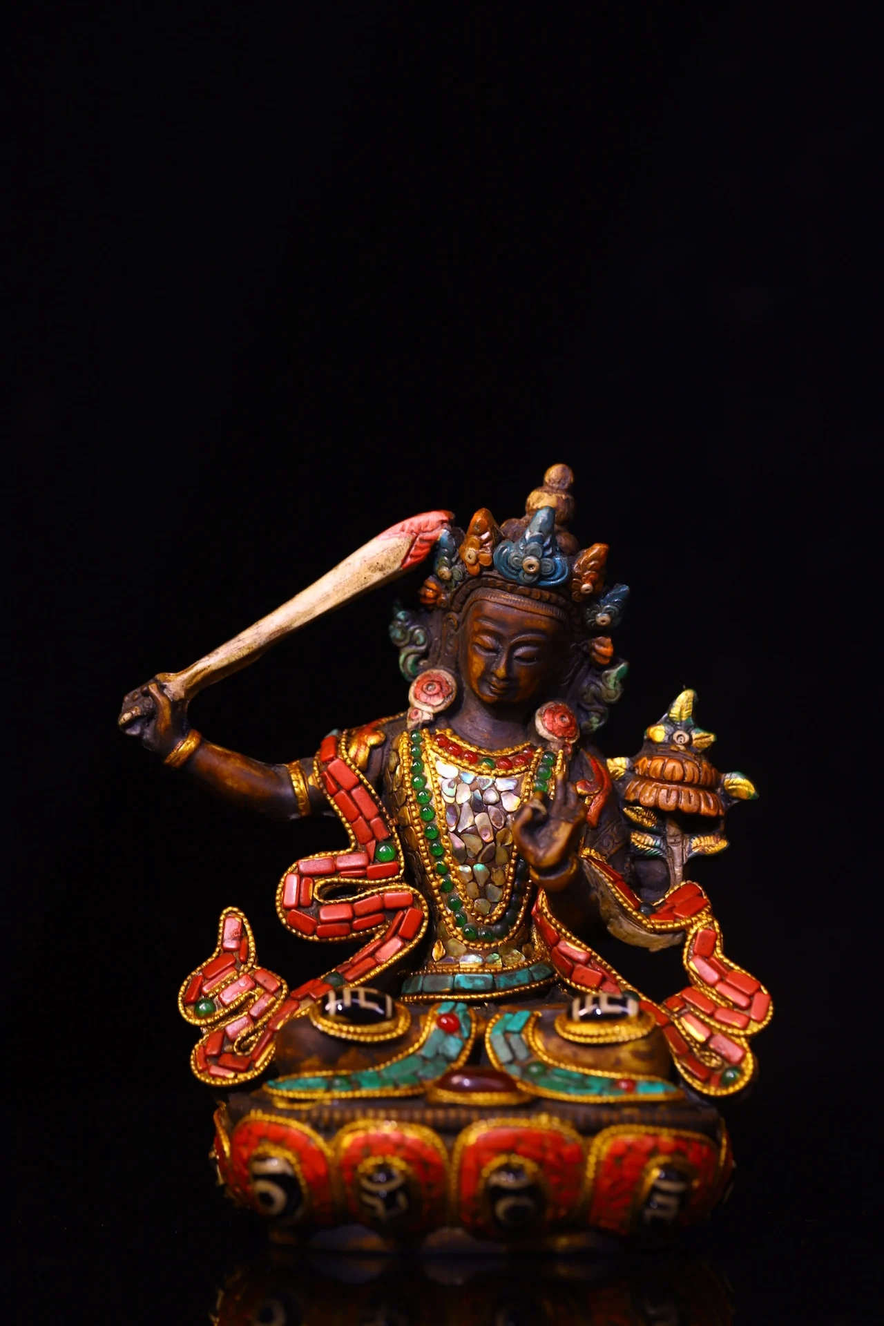 

6"Tibetan Temple Collection Old Yak Bone Painted Mosaic Gem Shell Manjushri Bodhisattva Buddha lotus Platform Worship Hall