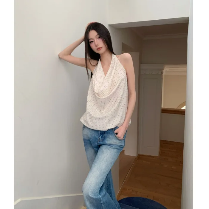 

French Elegant Polka Dot White Halter Cowl Neck Tops Women's Slim Backless Sleeveless Camisole For Urban Office Versatile Cloth