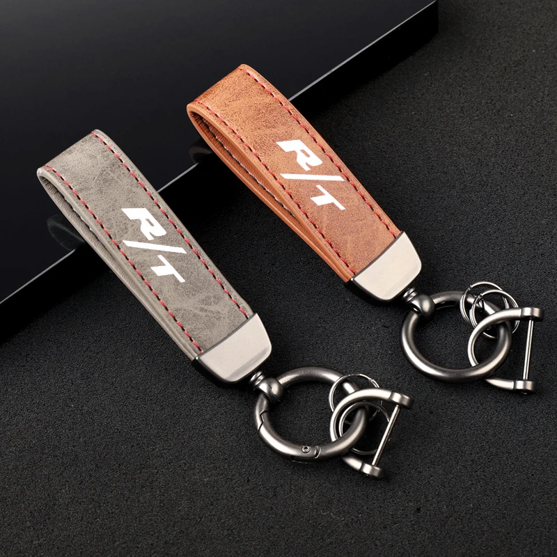 High-Grade Leather Car KeyChain 360 Degree Rotating Horseshoe Key Rings For Dodge RT Car KeyChain Car Accessories