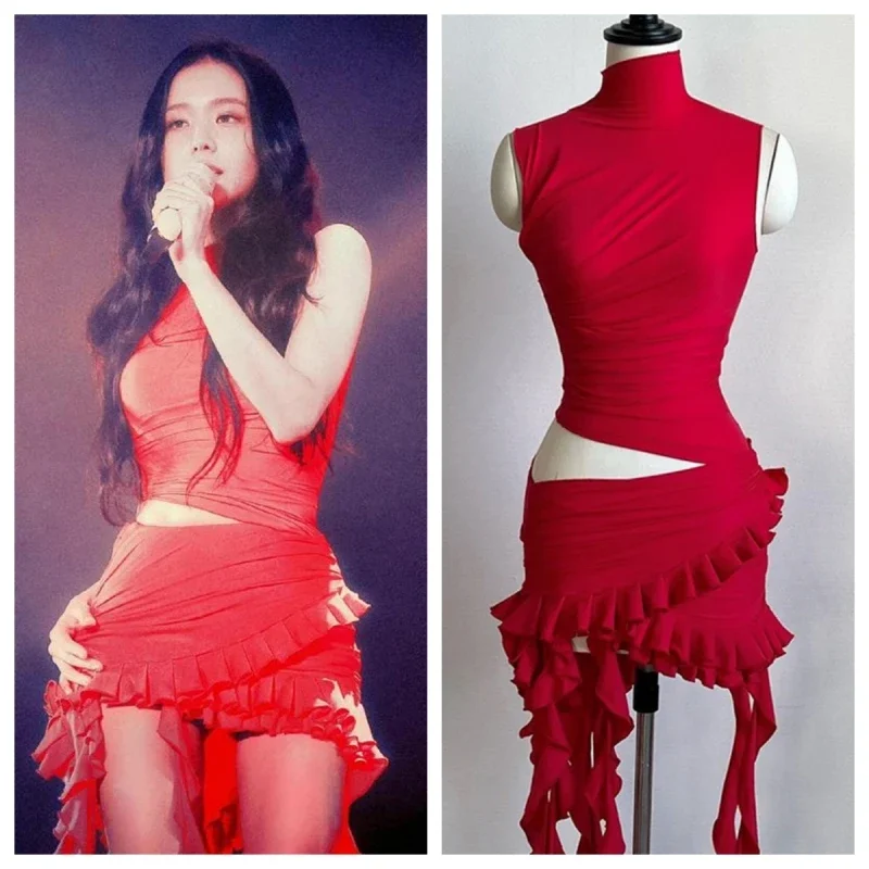 

Kpop Korean Singer Sexy Irregular Sleeveless Red Hollow Out Dress Women Stage Costume Fashion Y2K Concert Performance Clothing