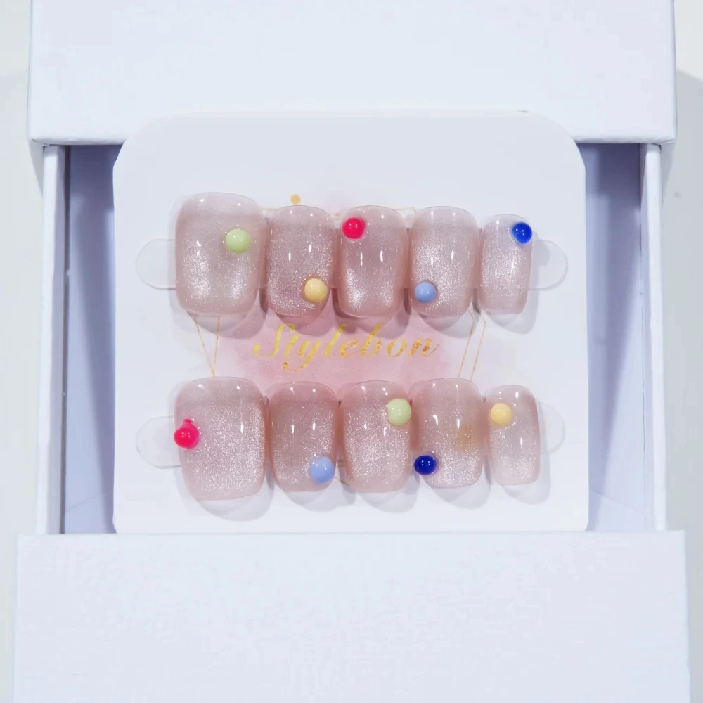 

10pcs Short Oval Handmade Nails Round and Dotted Press on Nail Pink Full Coverage Nail for Women&Girl Removable Wearable Nail
