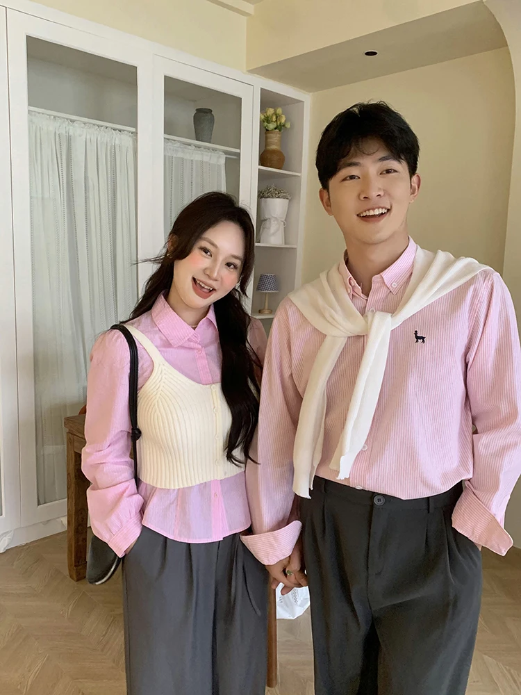 

Slim Fit Striped Cotton irt Women's plus Size Long Sve Turn-down Collar Commute Sle Korean Faion Casual Top