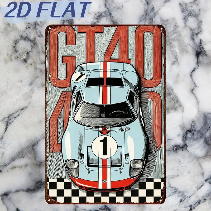 1 piece of 2D flat, GT40 Racing Legend: Iconic Blue‑White Speed Machine, Metal Tin Sign, Size (8