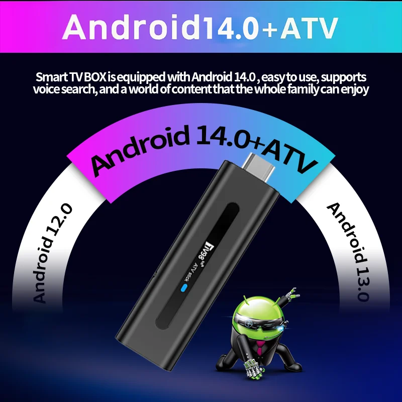 TV98 ATV 8K Smart TV Stick Android 14 ATV Allwinner H313 2.4G 5G Wifi Support OTA 4K Player BT5.0 2GB 16GB Voice remote TV Box