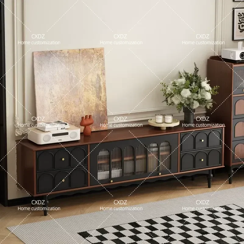 Nordic Solid Wood TV Cabinet Sideboard Combo French Retro Audio Visual Storage Unit for Small Apartment Living Room Household