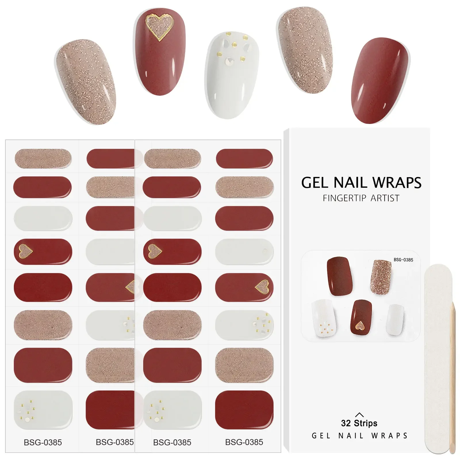 20 Fingers Red and White Coagulated Semi-Curing Gel Sticker Nail Sticker with Nail File and Stick (Uv/Led Light Required)