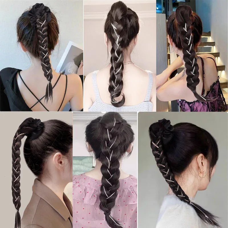 Long syntheti  DIY braided ponytail with loop horsetail clip horsetail hair loop diamond Fried Dough Twists braid one-piece