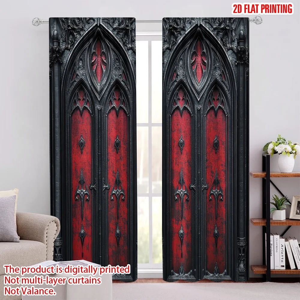 2D flat printing 2pcs Curtain Gothic Castle Machine Washable Fabric,Without Electricity Holiday Decorations for Classroom,
