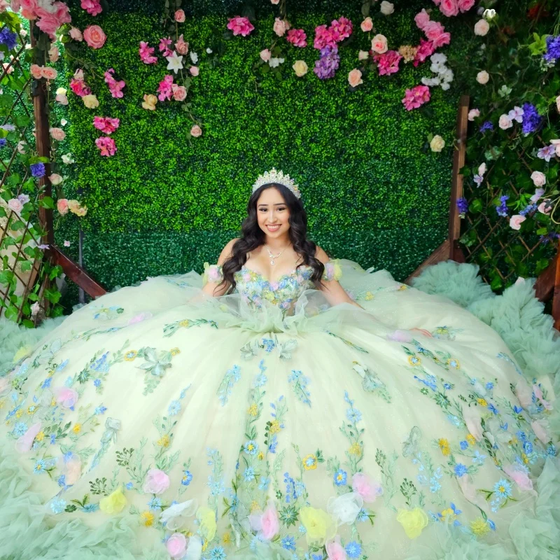 

mint green Quinceanera Dress off-shoulder lace layering decal 3D flower Long tail Bow vestidos de 15 Quinceanera ﻿Customize