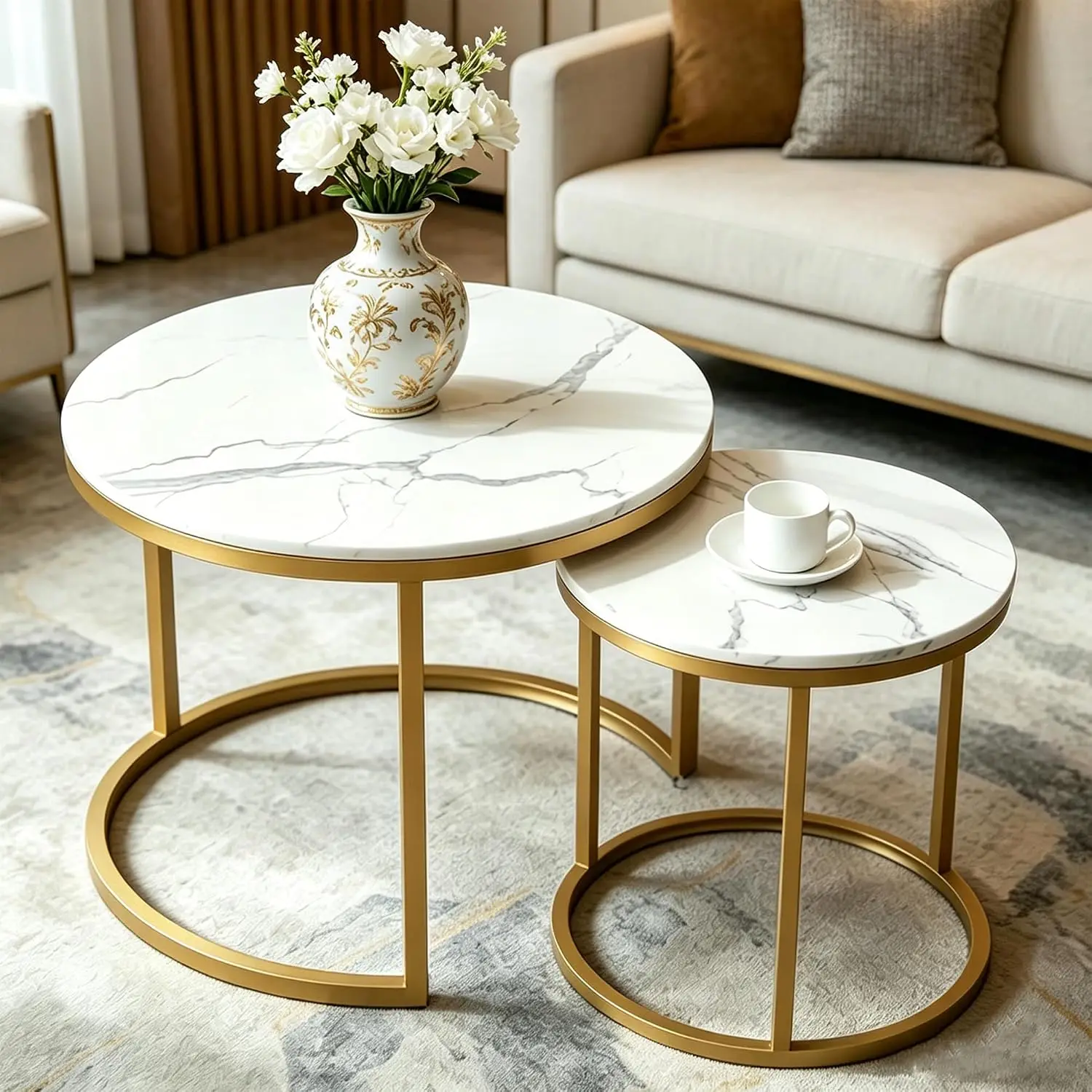 Round Nesting Table Set Marble Pattern Top Living Room Small Space 23.6