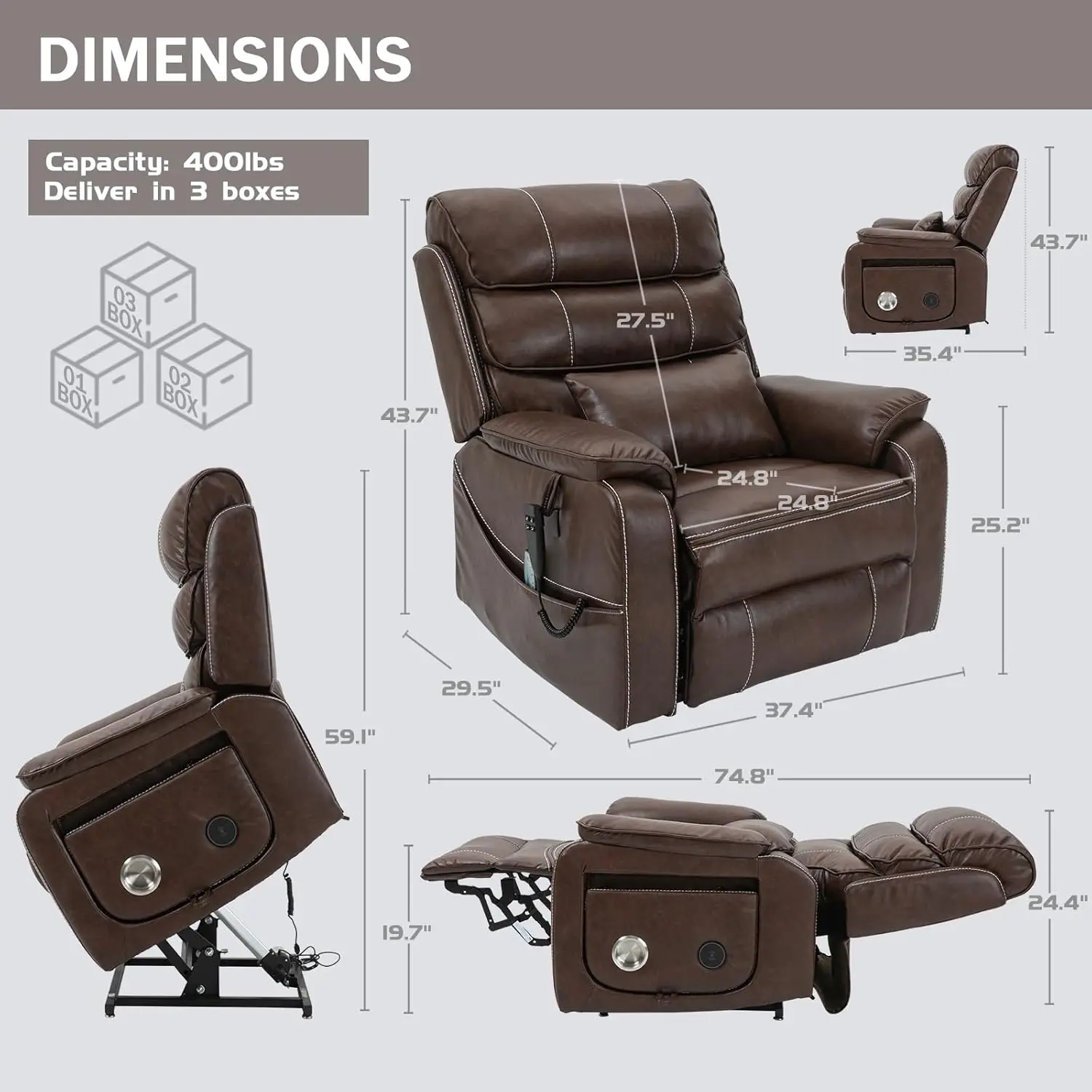 Power Lift Recliner Chair For Adults Elderly Modern Design Faux Leather Wireless Charging USB Ports Cup Holder Lumbar