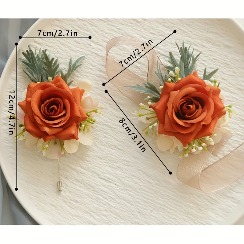 Exquisite Deep Orange Rose Wedding Wrist Corsage and Boutonniere Elegant Floral Accessories for Bride Bridesmaid Men Groom