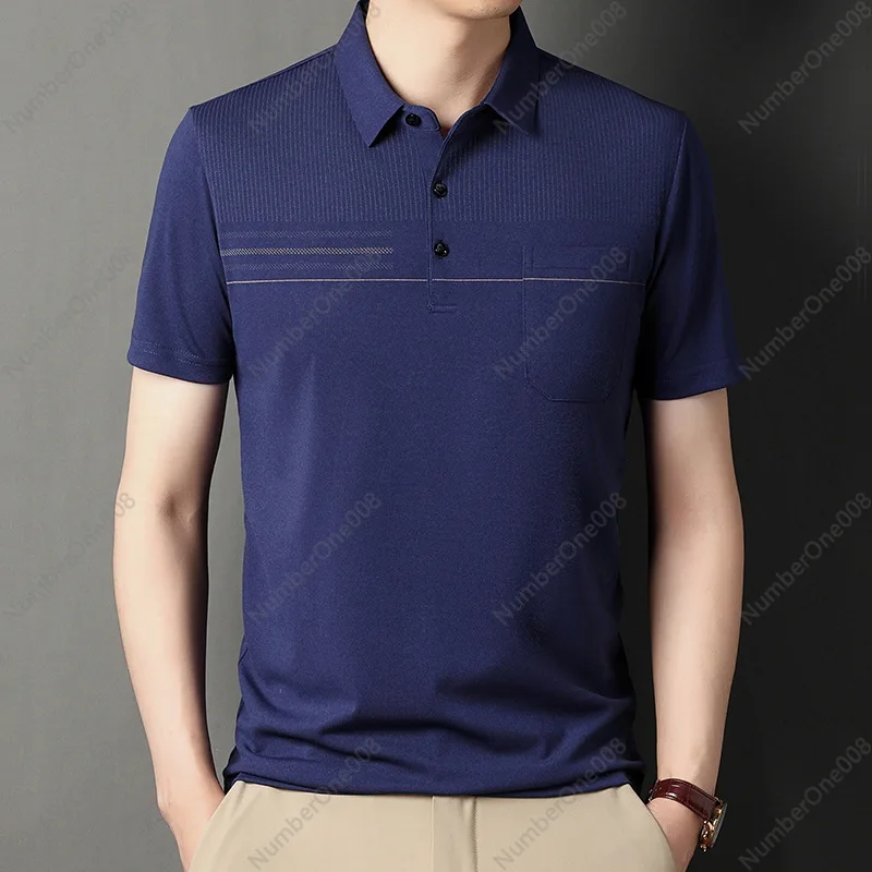 Dad Summer Lapel Short Sleeve T-Shirt Men's Pocket Half Sleeve Top Striped Pocket Men's Polo Shirt Men's